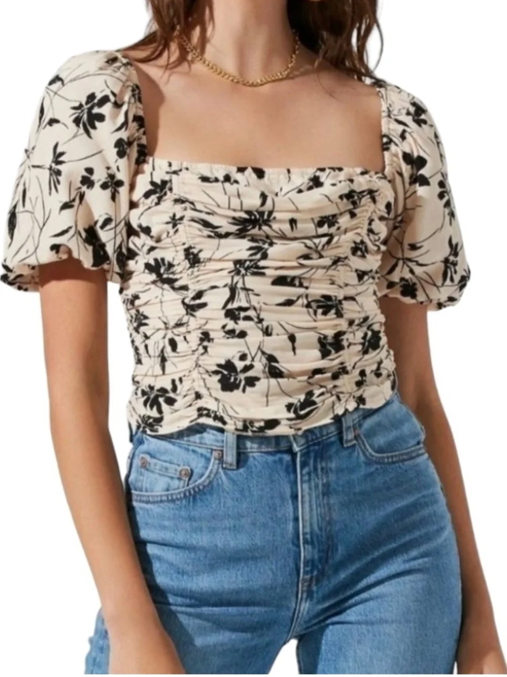 Astr The Label Cream & Black Floral Puff-Sleeve Square Neck Top - Florian Blouse
